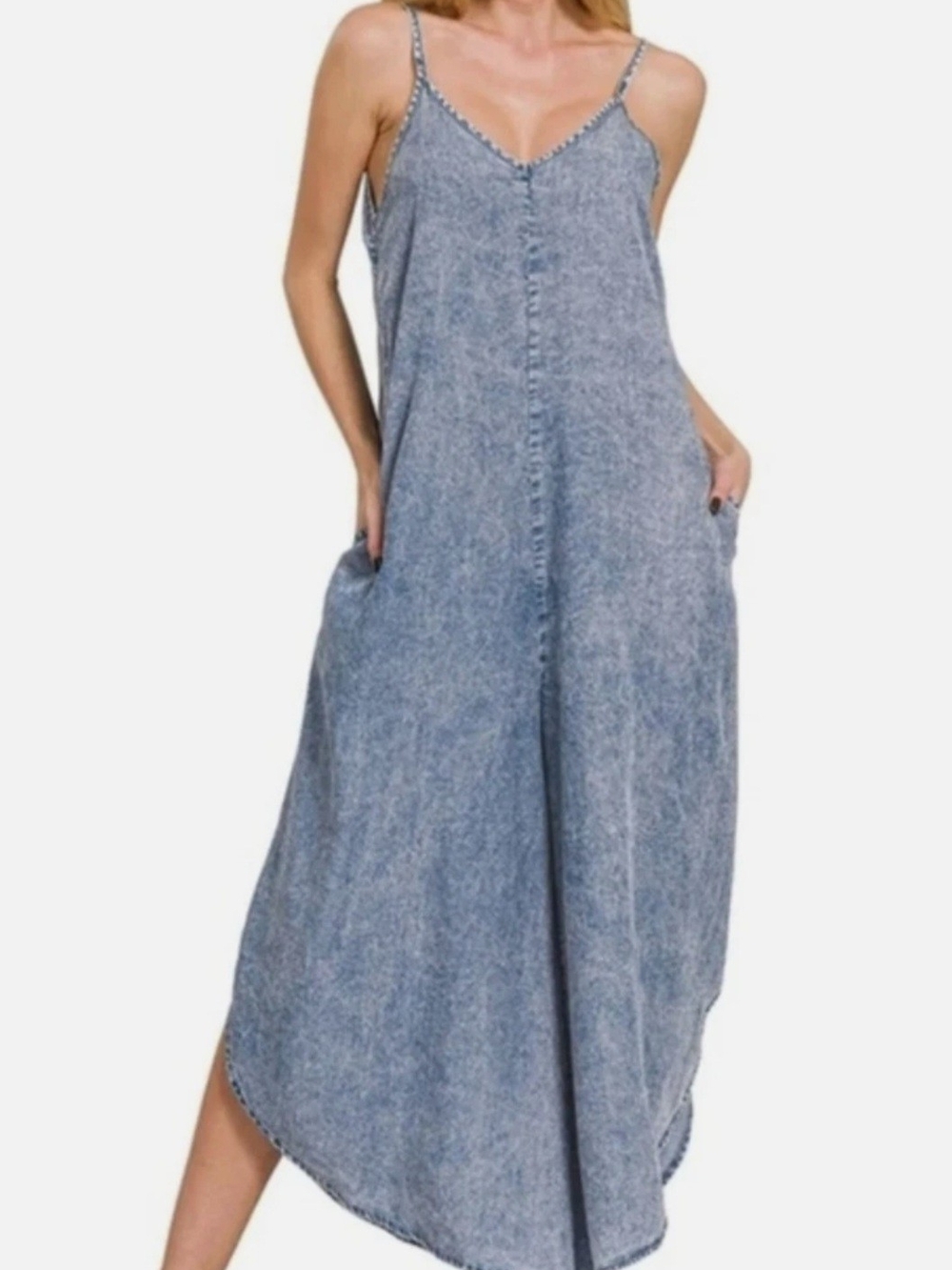 NWOT Zenana Acid-Washed Sleeveless Wide Leg Lounge Jumpsuit in Indigo-Various